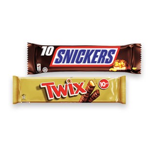 Batonėliai SNICKERS arba TWIX, 10 vnt/pak, 500g/pak.