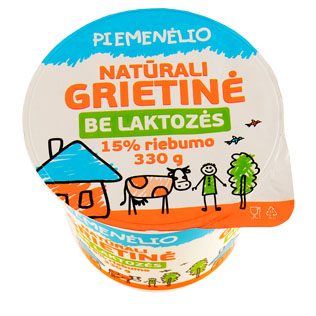 PIEMENĖLIO natūrali grietinė be laktozės, 15% rieb., 330 g